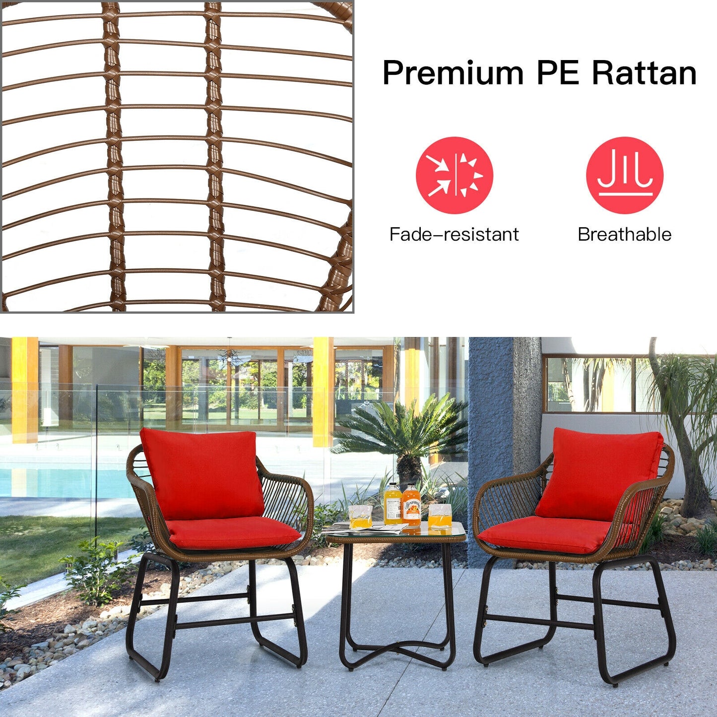 3-Piece Rattan Bistro Set with Cushioned Chairs & Glass Table
