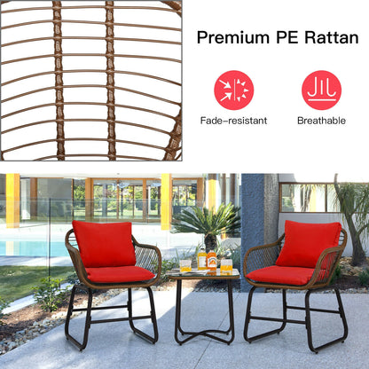 3-Piece Rattan Bistro Set with Cushioned Chairs & Glass Table