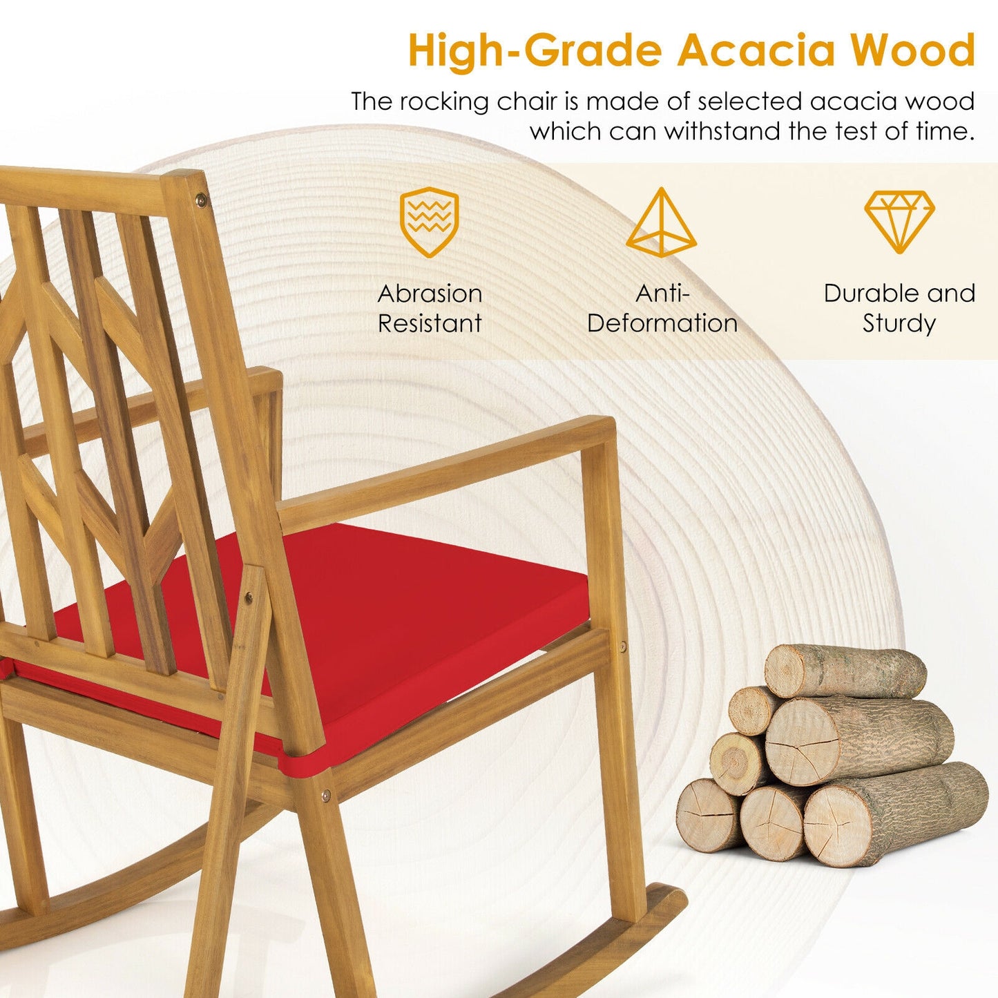 Acacia Wood Patio Rocking Chair with Cushion and Armrests