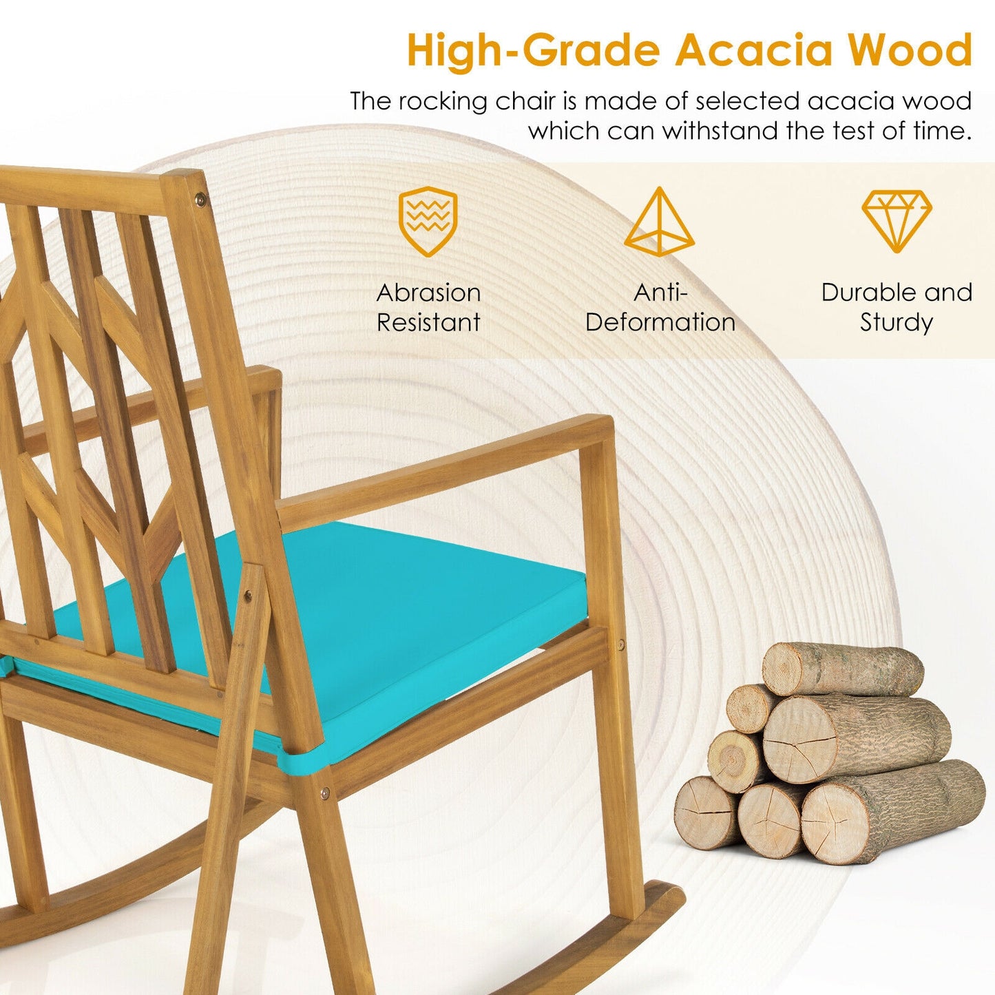 Acacia Wood Patio Rocking Chair with Cushion and Armrests