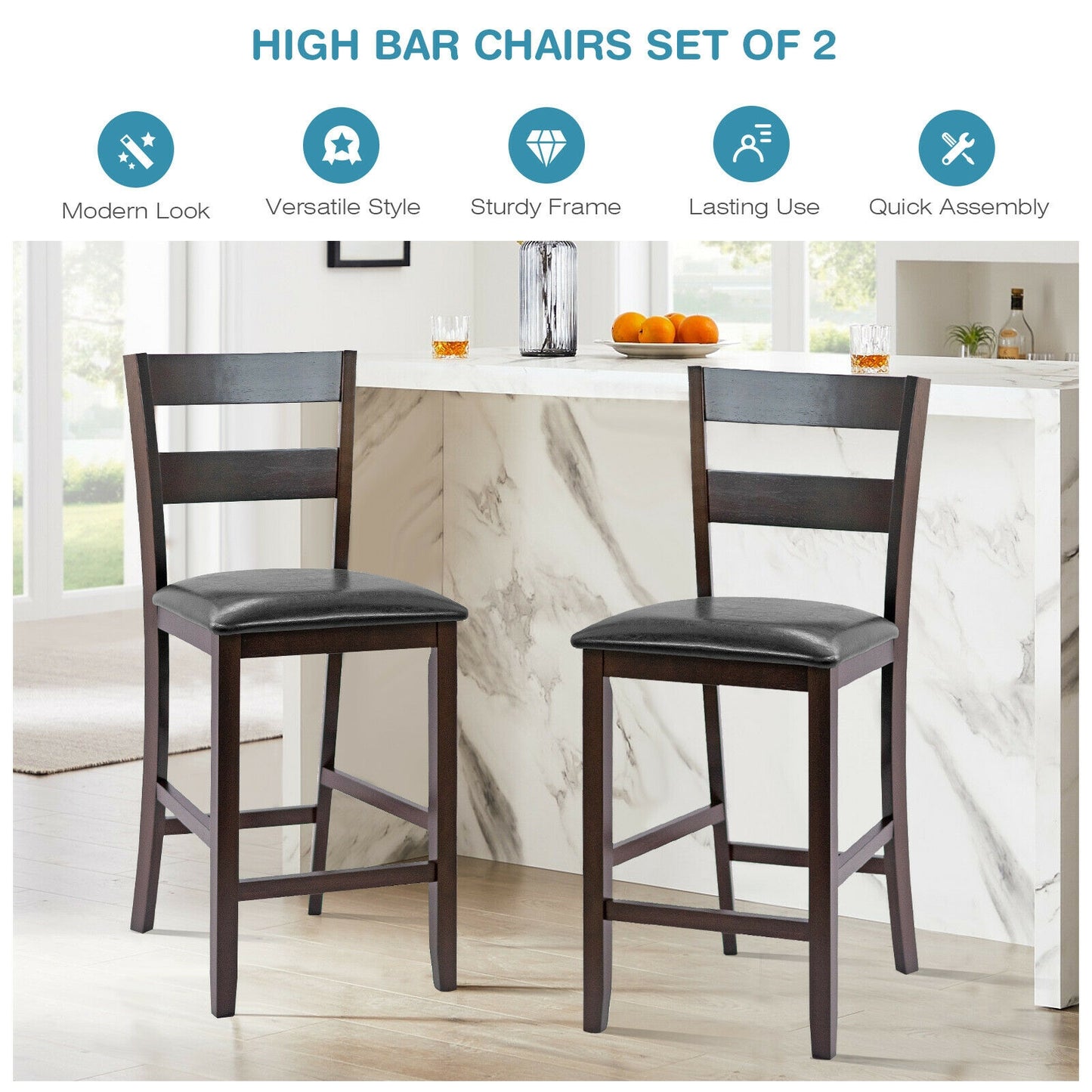 Upholstered Bar Stools Set of 2 with PU Leather Seats