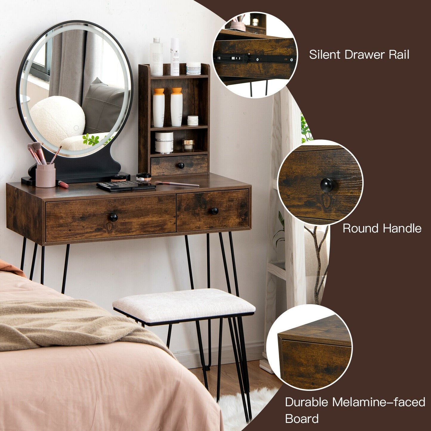 Vanity Table Set with Lighted Mirror and Cushioned Stool