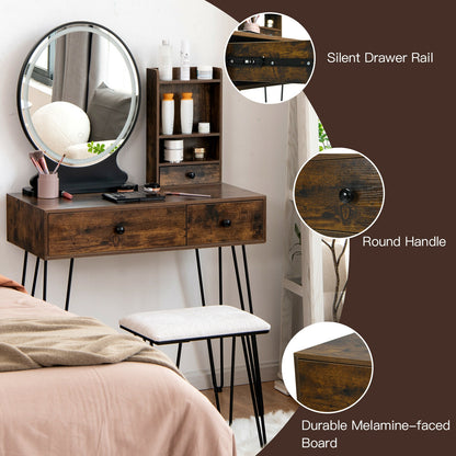 Vanity Table Set with Lighted Mirror and Cushioned Stool