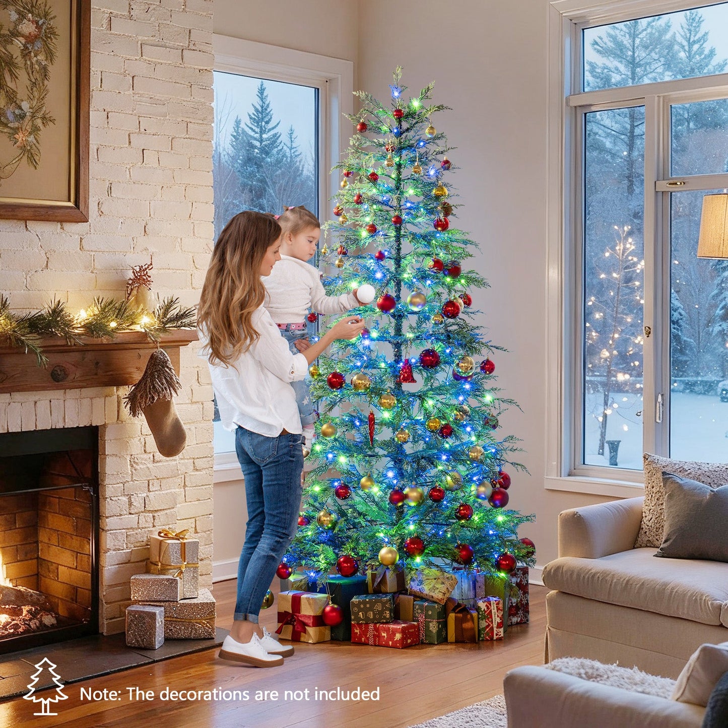 7.5 Feet Artificial Christmas Tree with Branch Tips and Colorful LED Lights