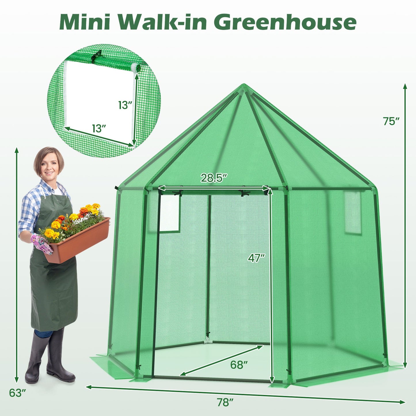 6.5 x 5.6 x 6.2 FT Mini Walk-in Greenhouse Portable Outdoor Warm House for Winter with PE Cover-Green