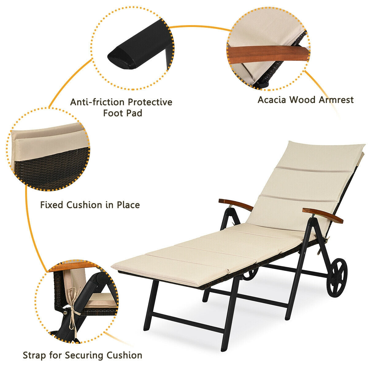 Adjustable Rattan Chaise Lounge Chair with Cushion