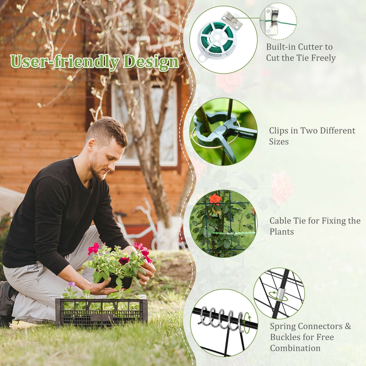 2 Pieces Foldable A-Frame Trellis Plant Supports with Twist Ties-Green
