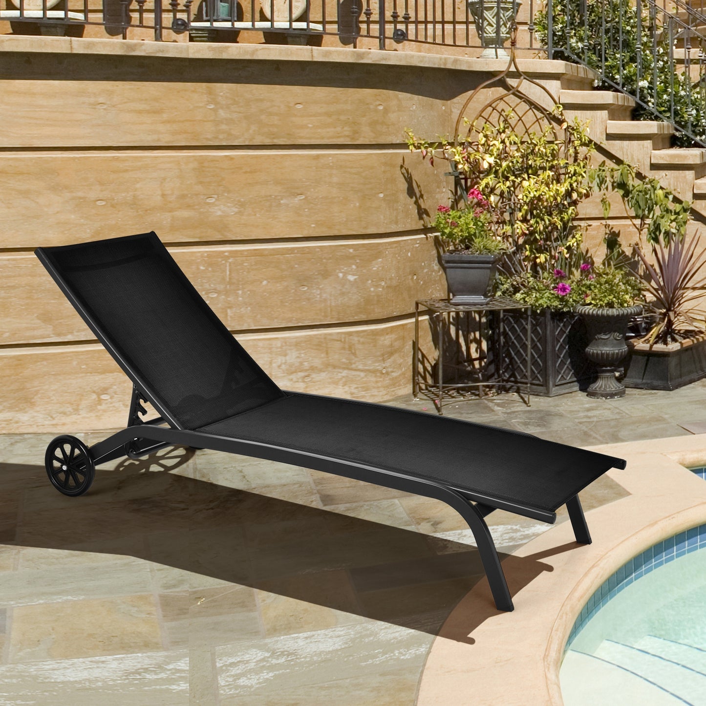 Adjustable Outdoor Chaise Lounge with Wheels - 6 Positions