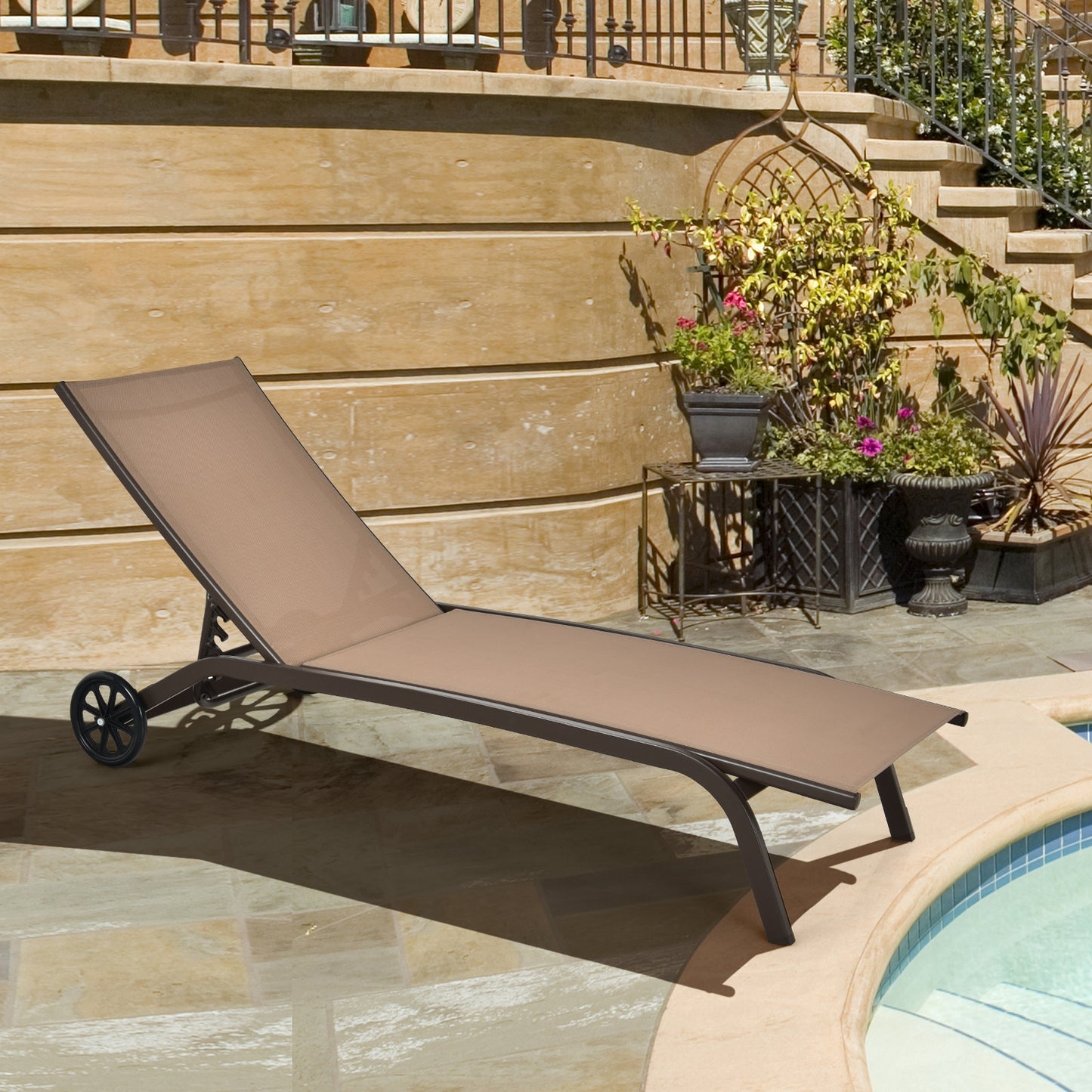 Adjustable Outdoor Chaise Lounge with Wheels - 6 Positions