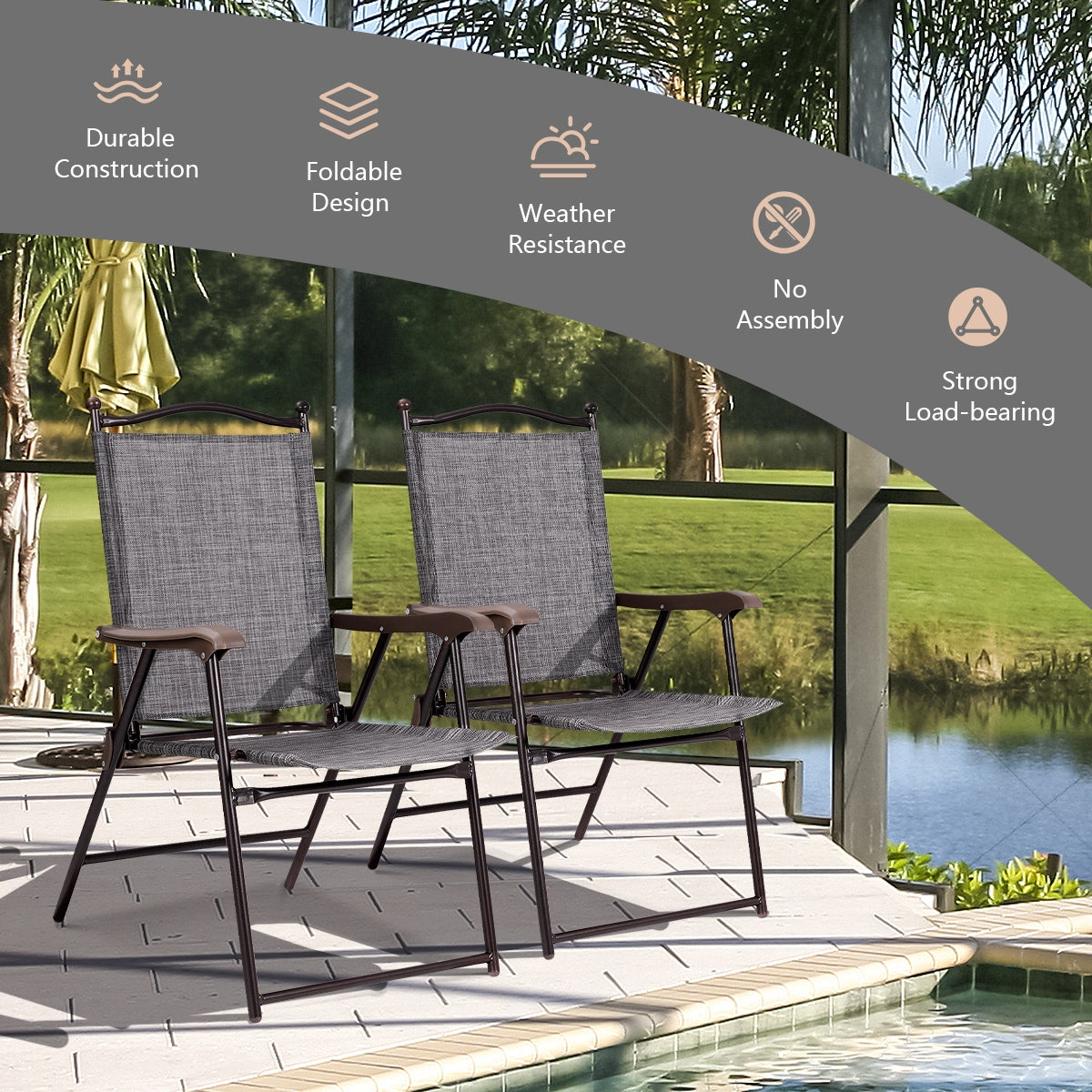 Folding Sling Back Patio Chairs Set of 2