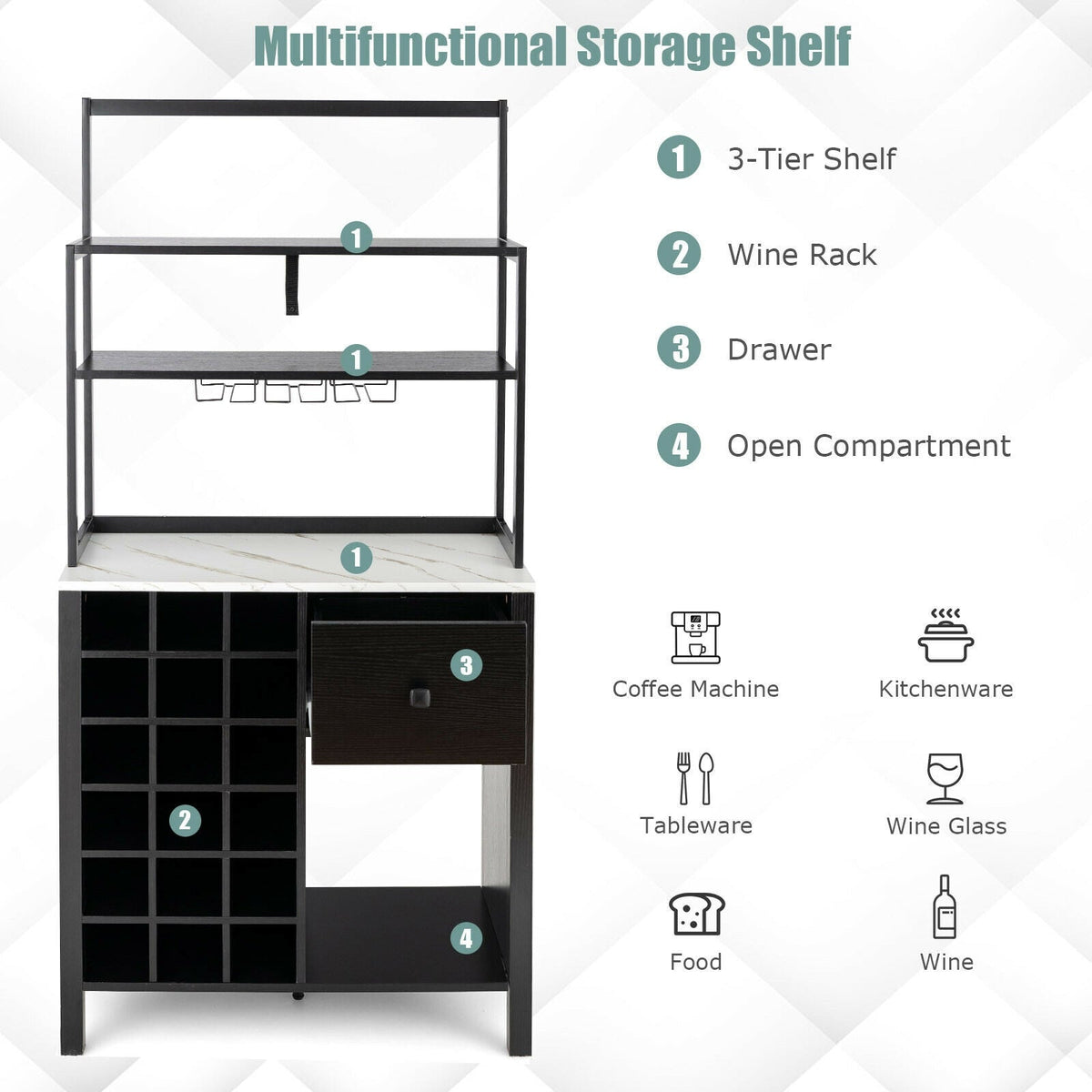 Kitchen Bakers Rack Freestanding Wine Rack Table with Glass Holder and Drawer