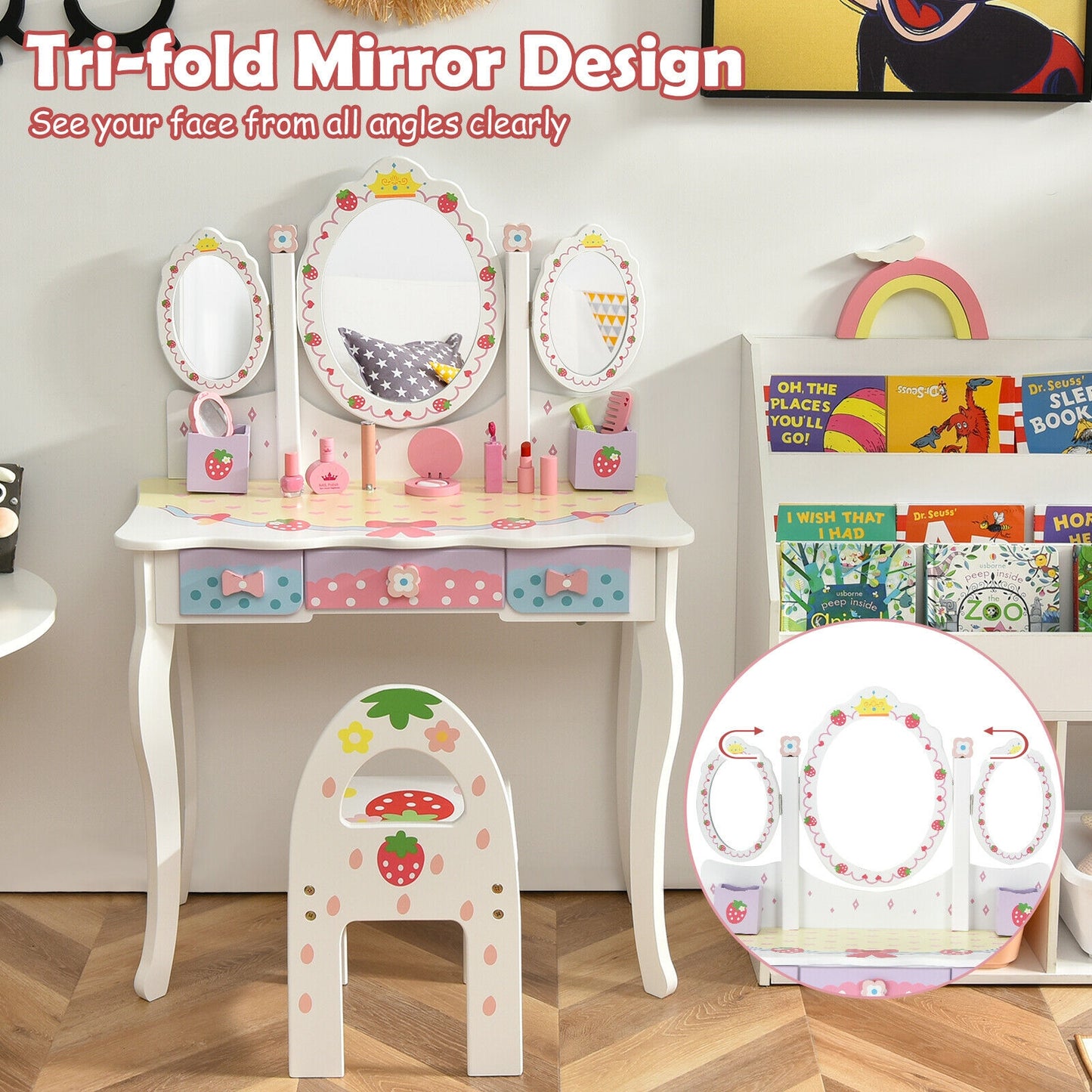 Kids Vanity Table Set with Tri-Fold Mirror and Chair