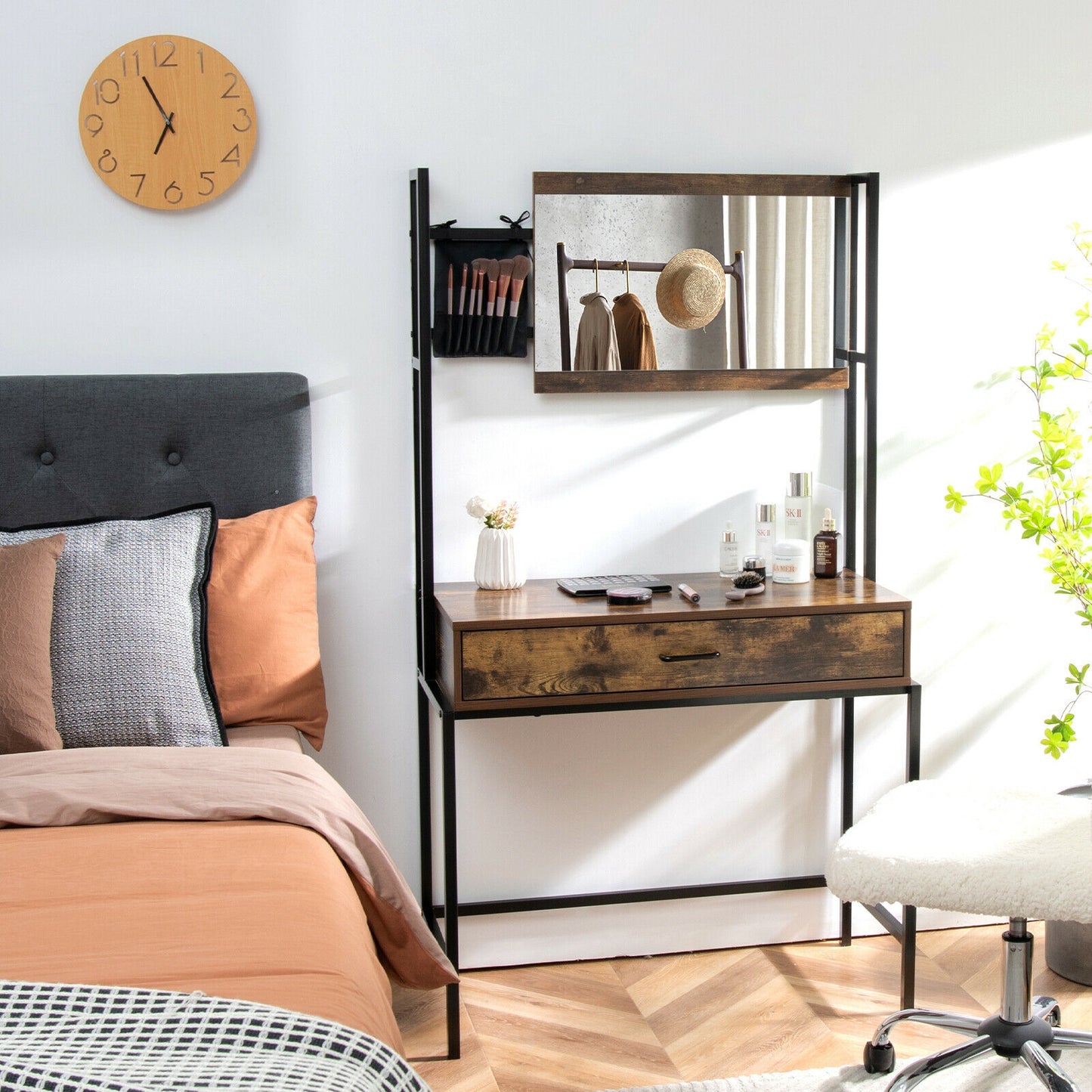 Industrial Vanity Table with 3-Height Adjustable Mirror