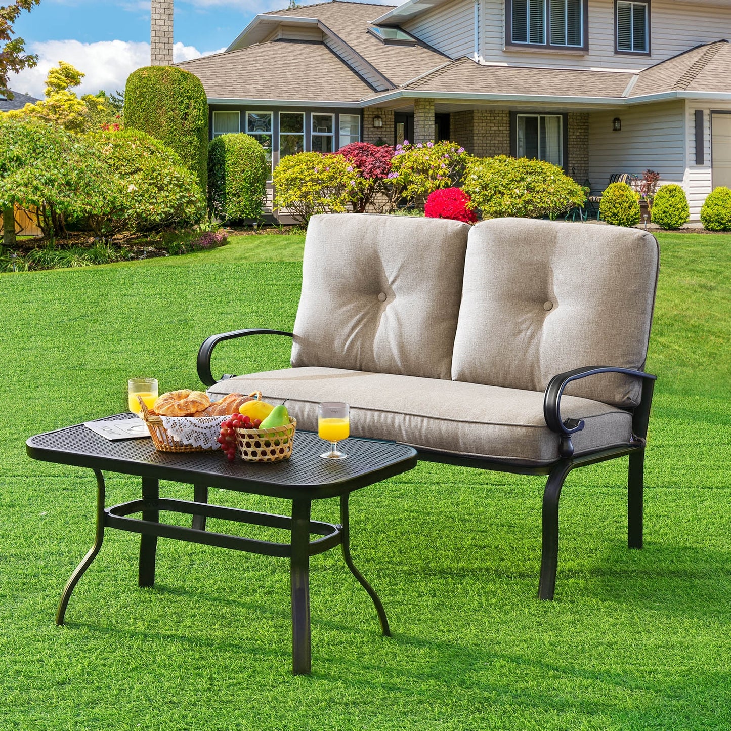 2-Piece Patio Loveseat Set with Cushions and Coffee Table