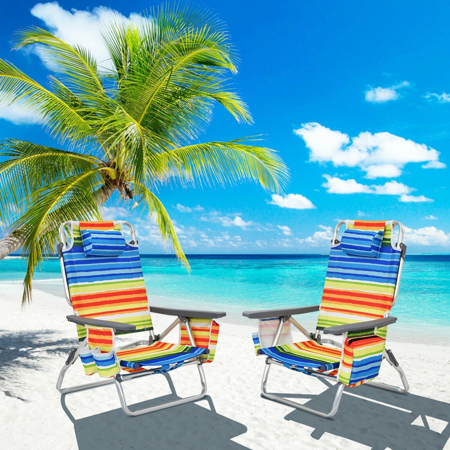 Folding Beach Chair 4-Pack with Adjustable Backrest & Pillow