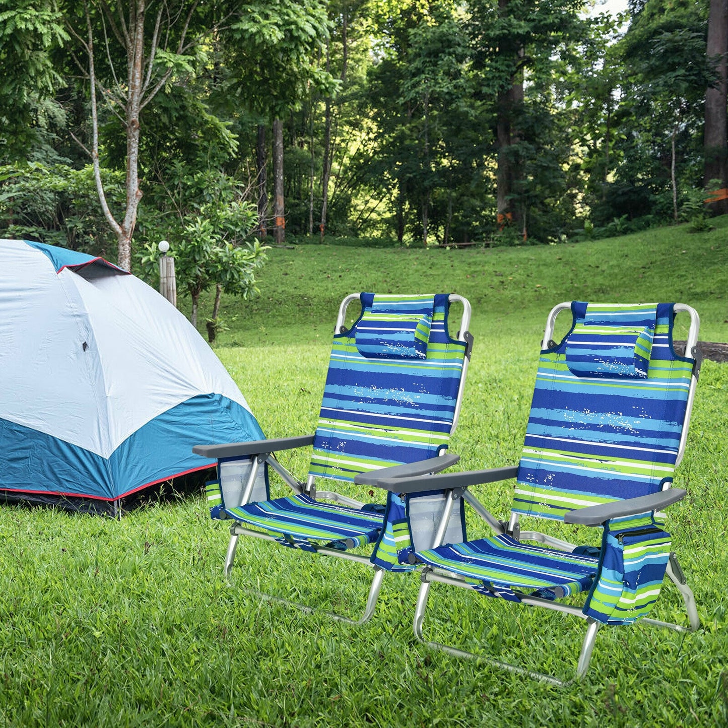 Folding Beach Chair 4-Pack with Adjustable Backrest & Pillow