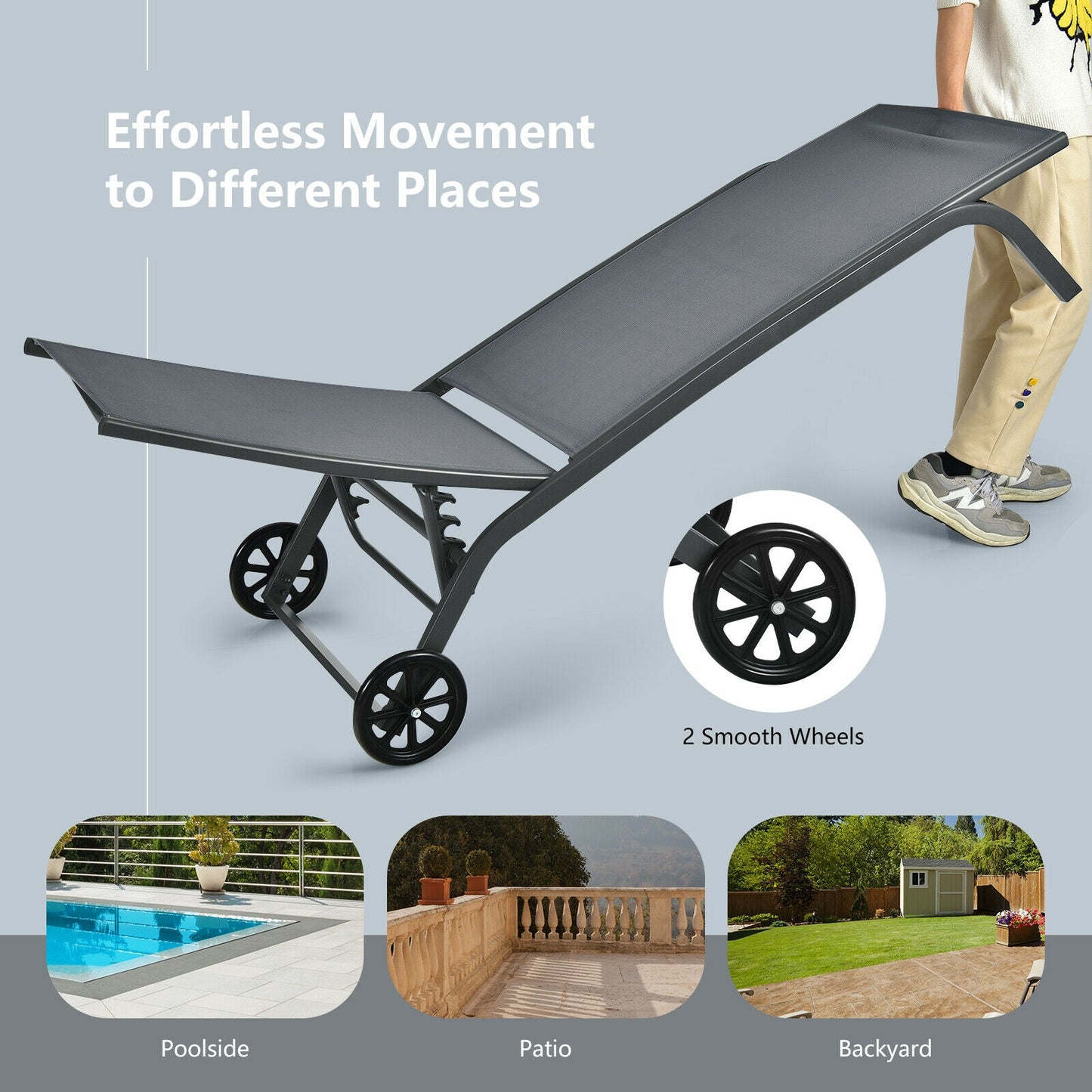 Adjustable Outdoor Chaise Lounge with Wheels - 6 Positions