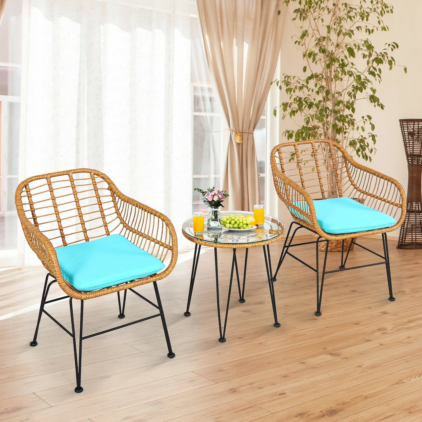 3-Piece Rattan Patio Conversation Set with Cushioned Chairs