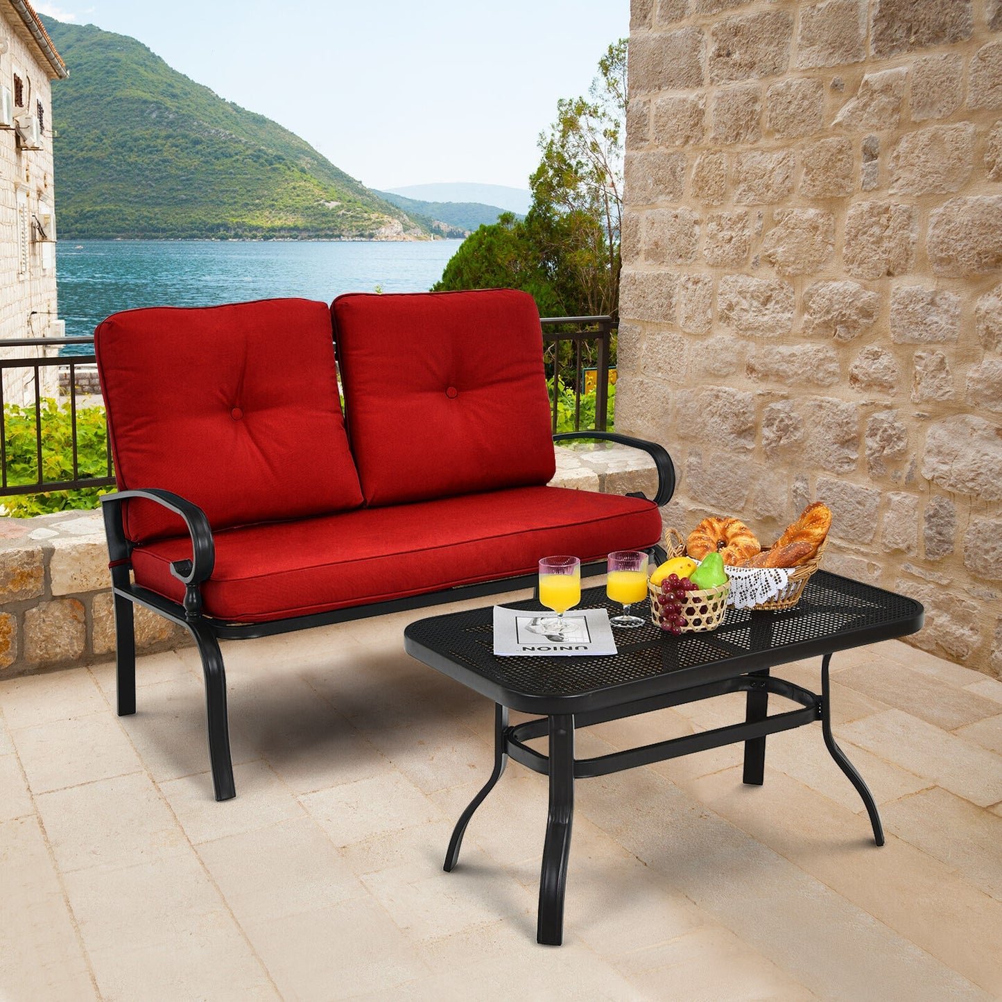 2-Piece Patio Loveseat Set with Cushions and Coffee Table