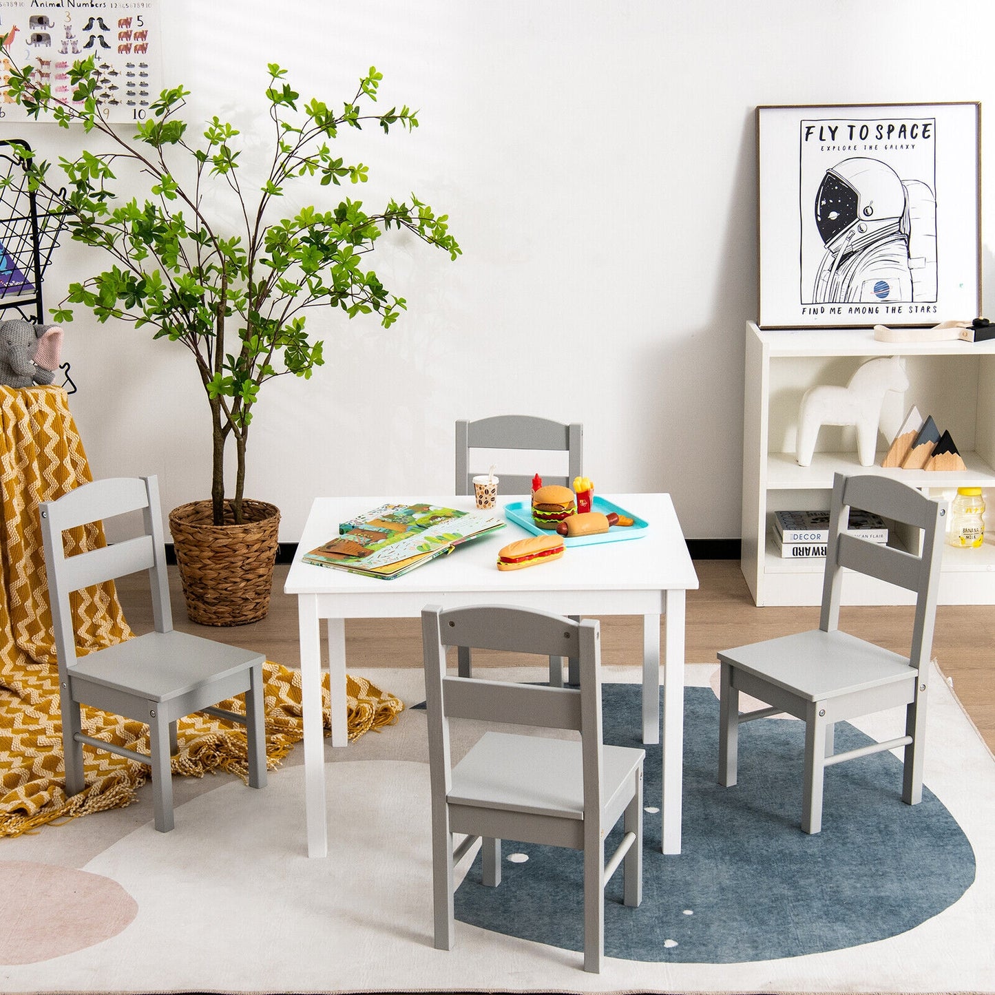 Kids Table and Chair Set - 5 Piece Pine Wood