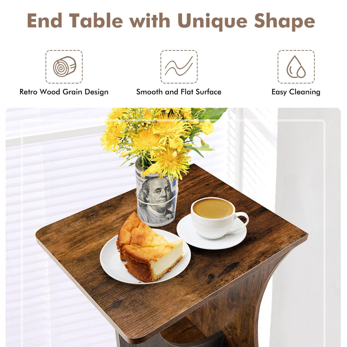 2-Tier Compact C-shape Sofa Side Table-Rustic Brown