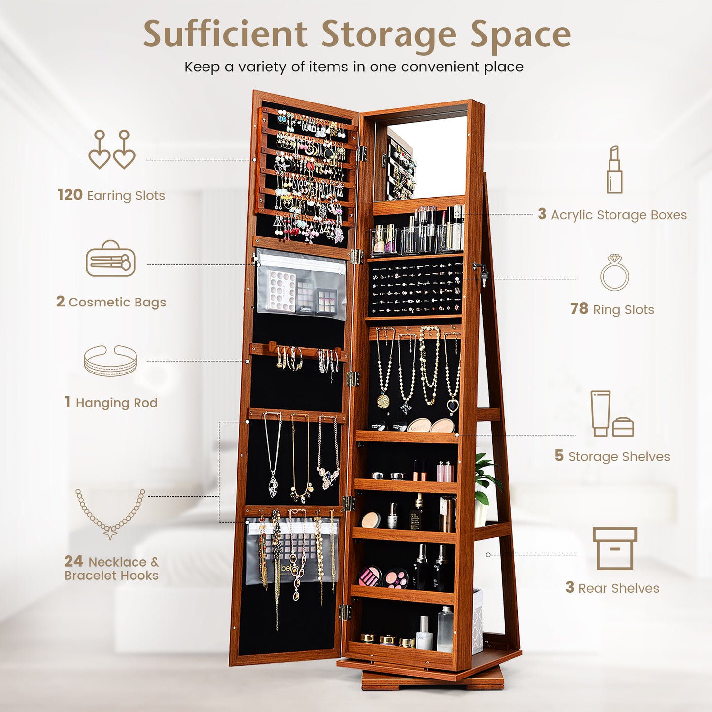 Jewelry Armoire with Full-Length Mirror and 360° Rotation