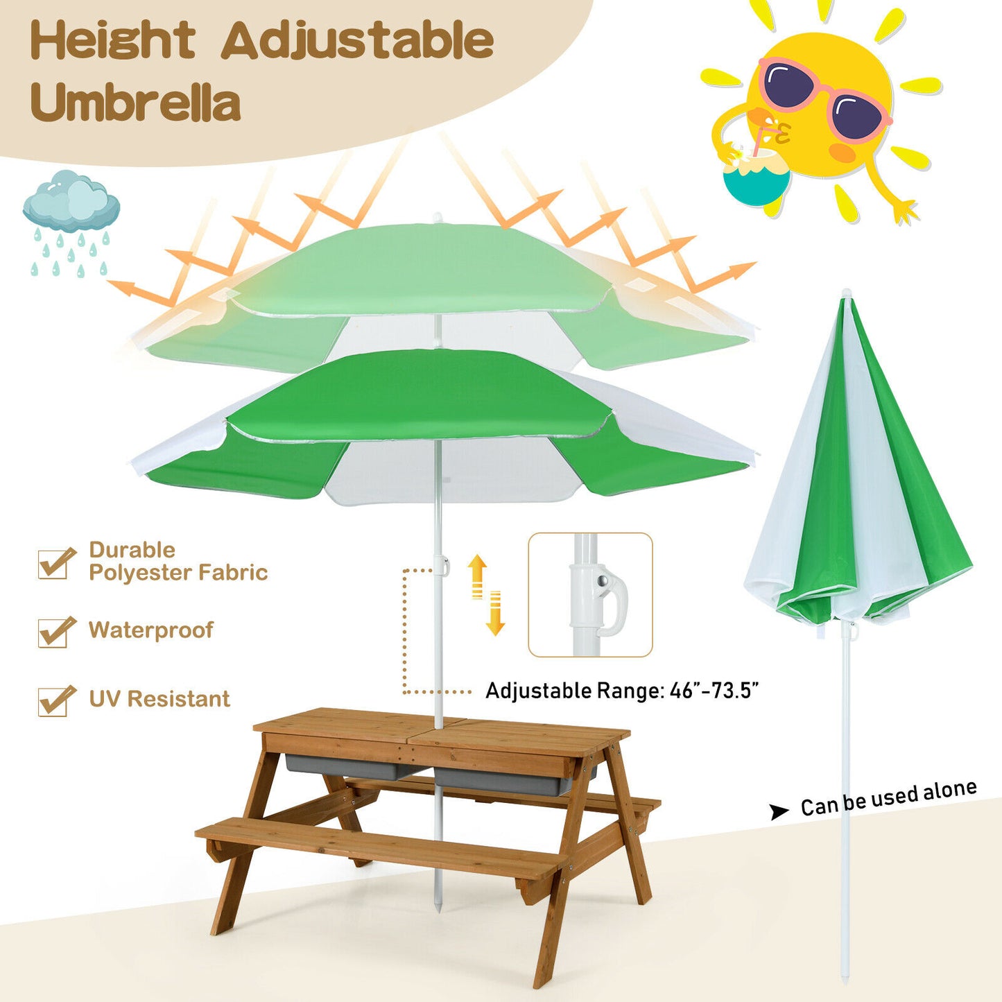 Kids Outdoor Picnic Table with Umbrella and Sand Water Play