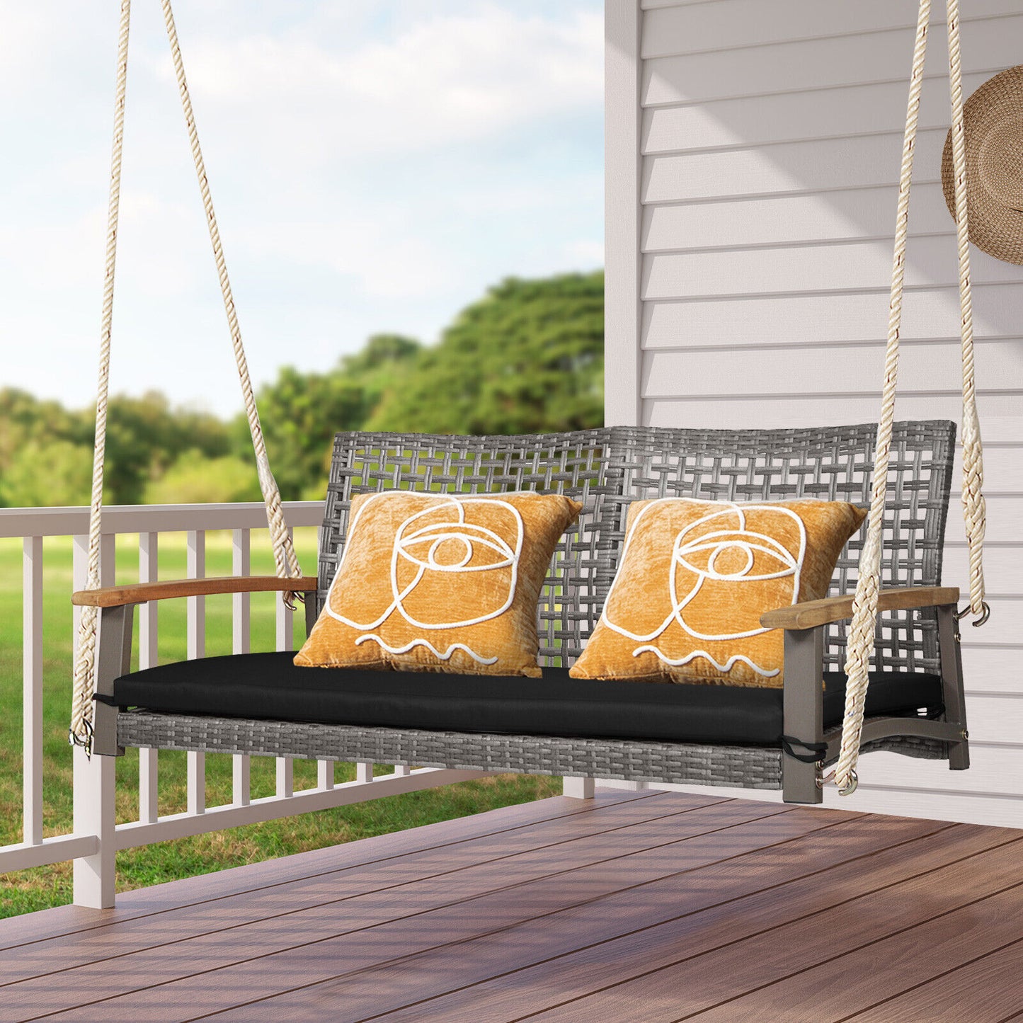 2-Person Wicker Porch Swing Chair with Cushion