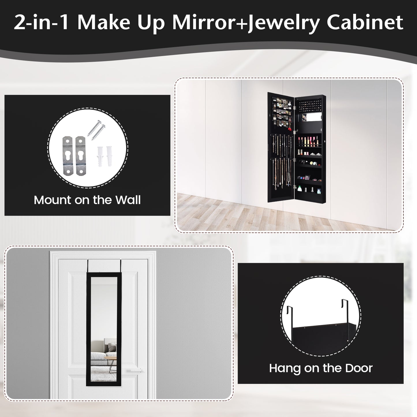Wall Mounted Jewelry Cabinet with LED Lights and Mirror