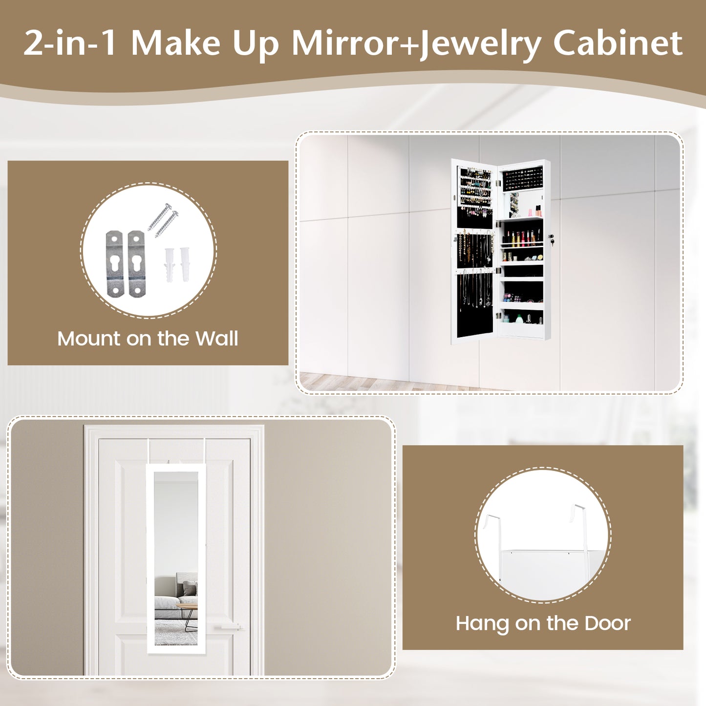 Wall Mounted Jewelry Cabinet with LED Lights and Mirror