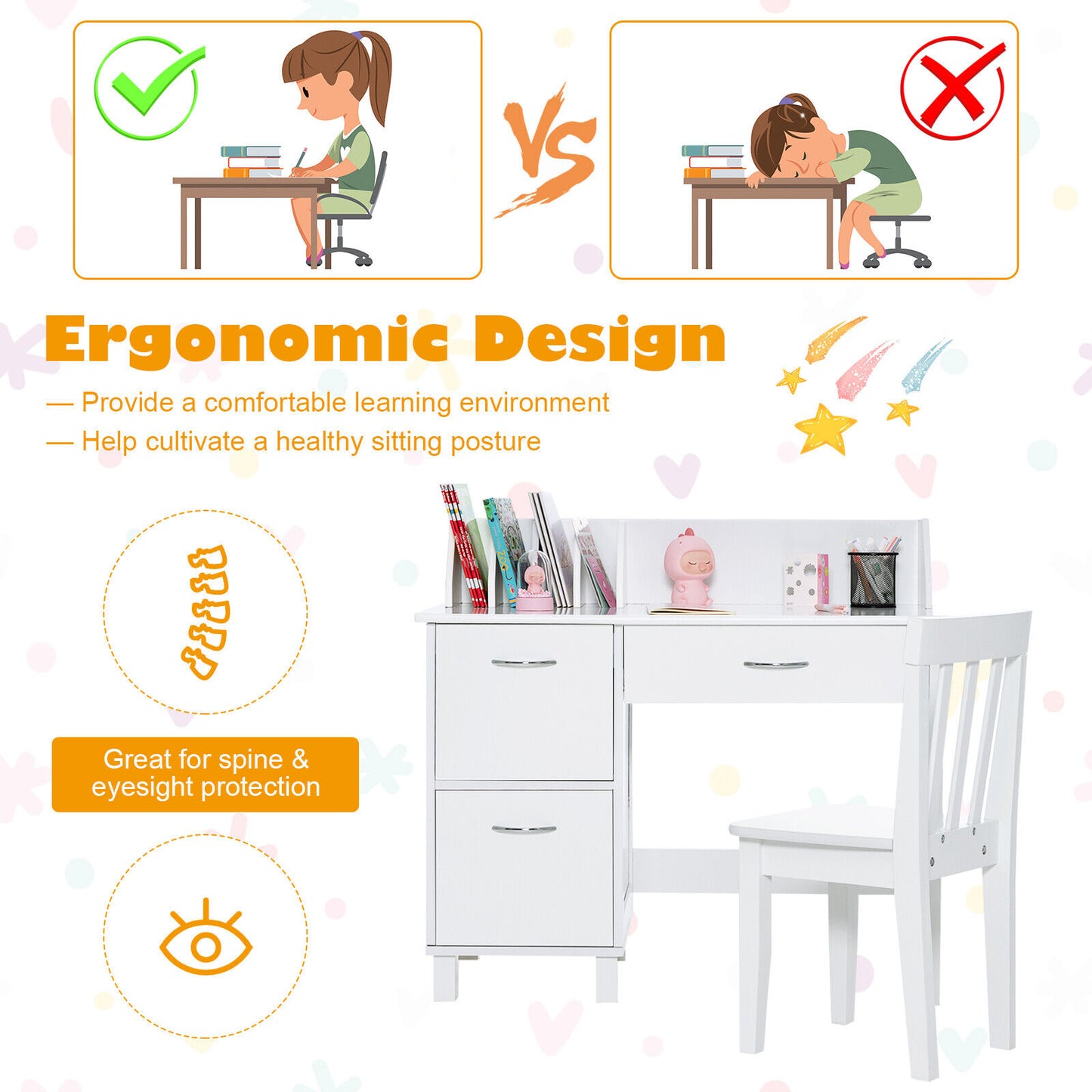 Kids Writing Desk and Chair Set with Storage Drawer