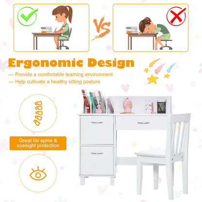 Kids Writing Desk and Chair Set with Storage Drawer