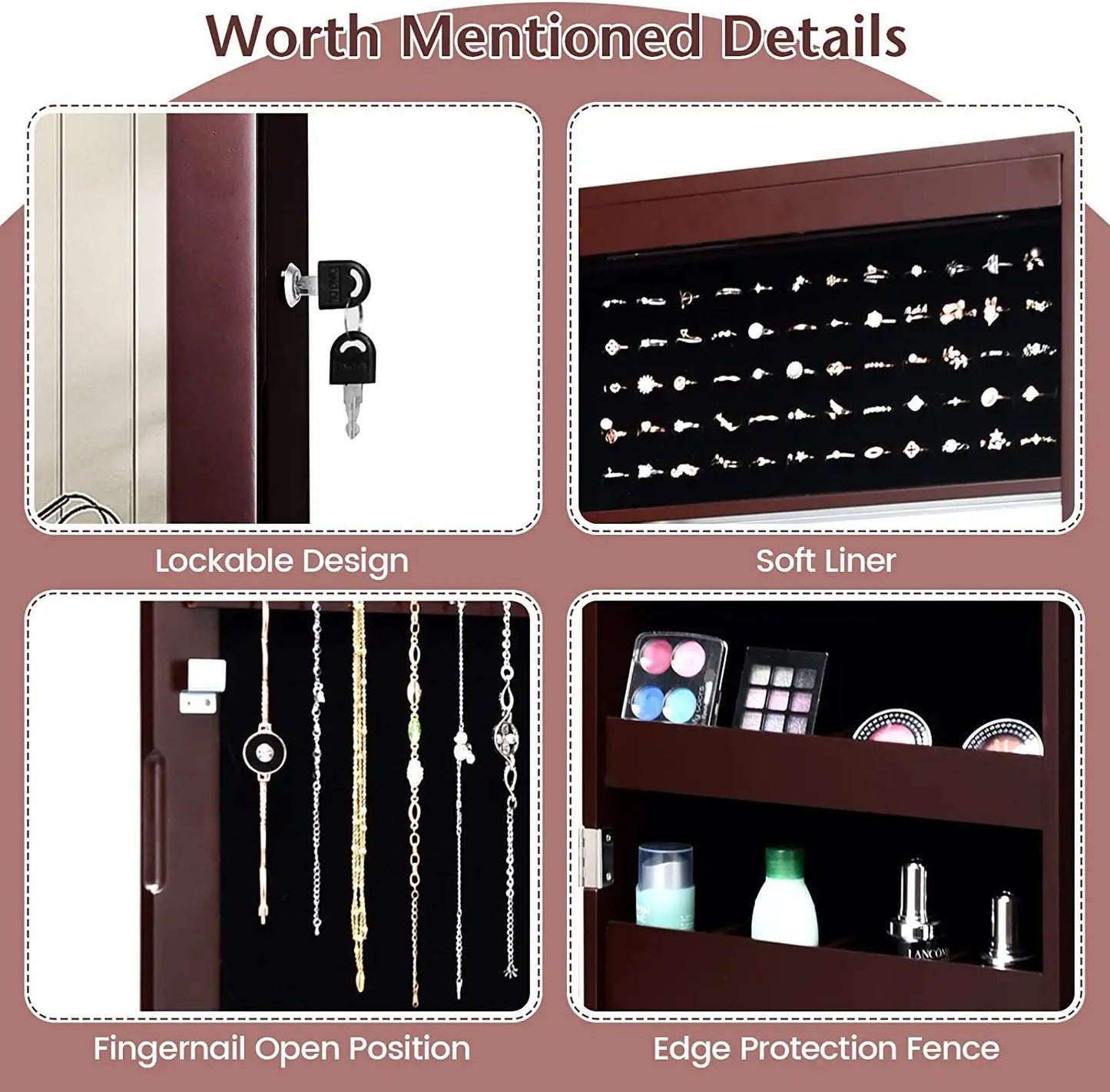Wall Mounted Jewelry Cabinet with LED Lights and Mirror