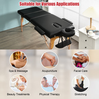 3 Fold Portable Adjustable Massage Table with Carry Case-Black