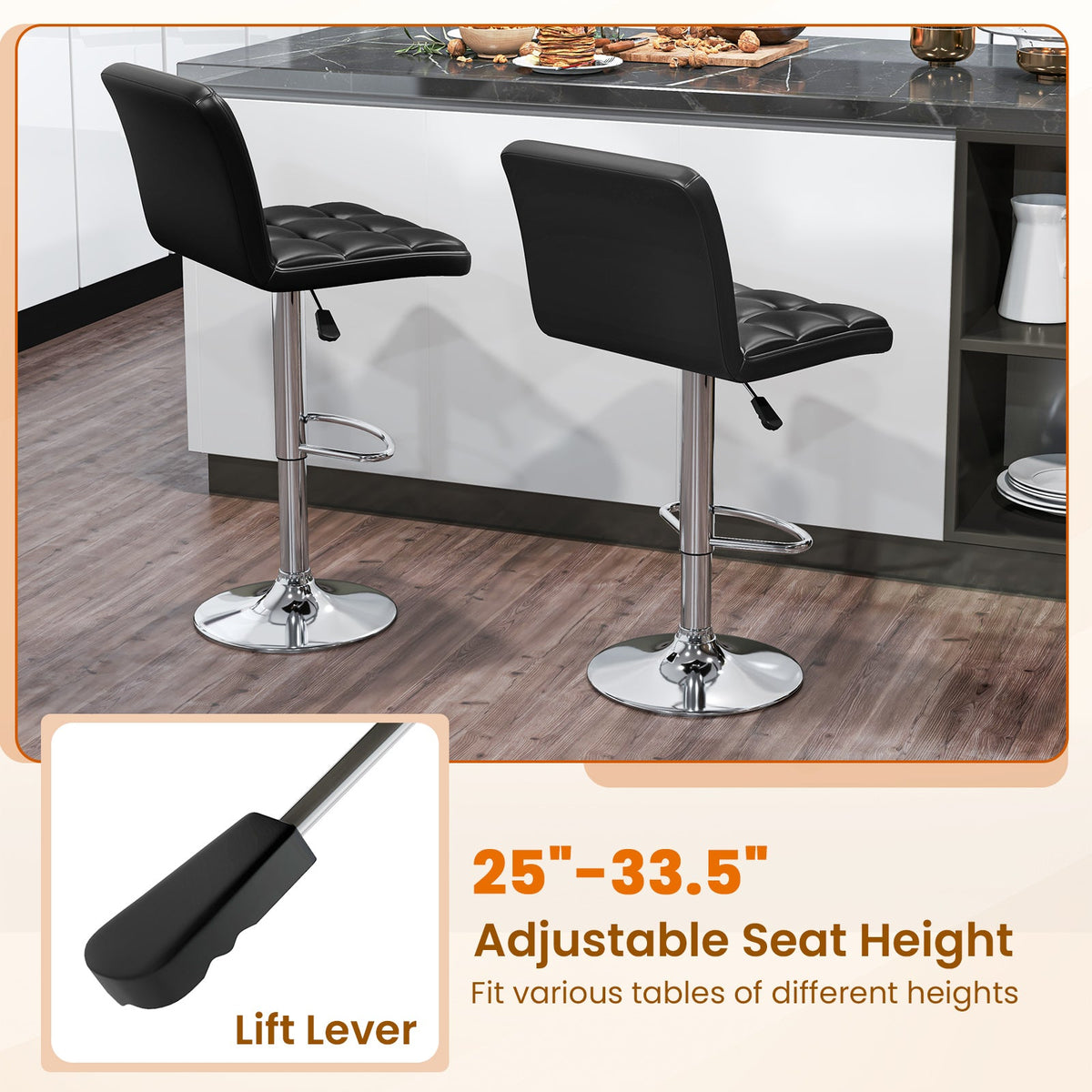 PU Leather Upholstered Bar Stools Set of 2 with Back and Adjustable Height