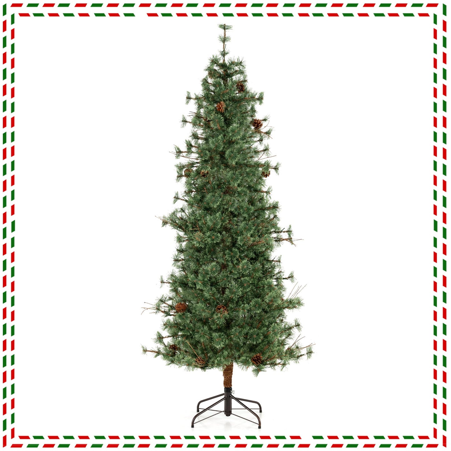6/7/8 Feet Artificial Christmas Tree Pre-lit Hinged Xmas Tree with Warm White LED Lights and Pine Cones