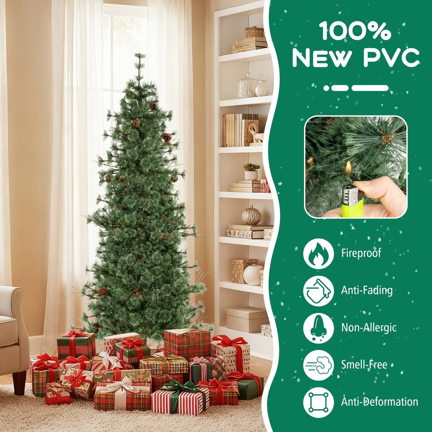 6/7/8 Feet Artificial Christmas Tree Pre-lit Hinged Xmas Tree with Warm White LED Lights and Pine Cones