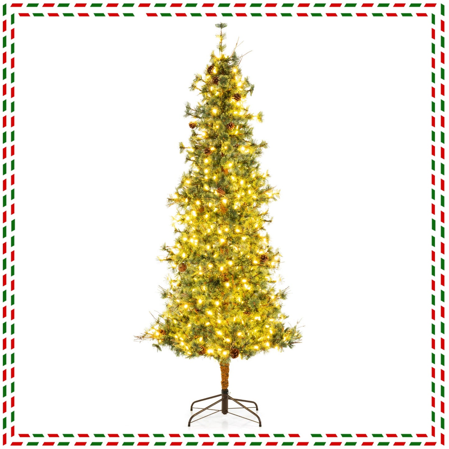6/7/8 Feet Artificial Christmas Tree Pre-lit Hinged Xmas Tree with Warm White LED Lights and Pine Cones