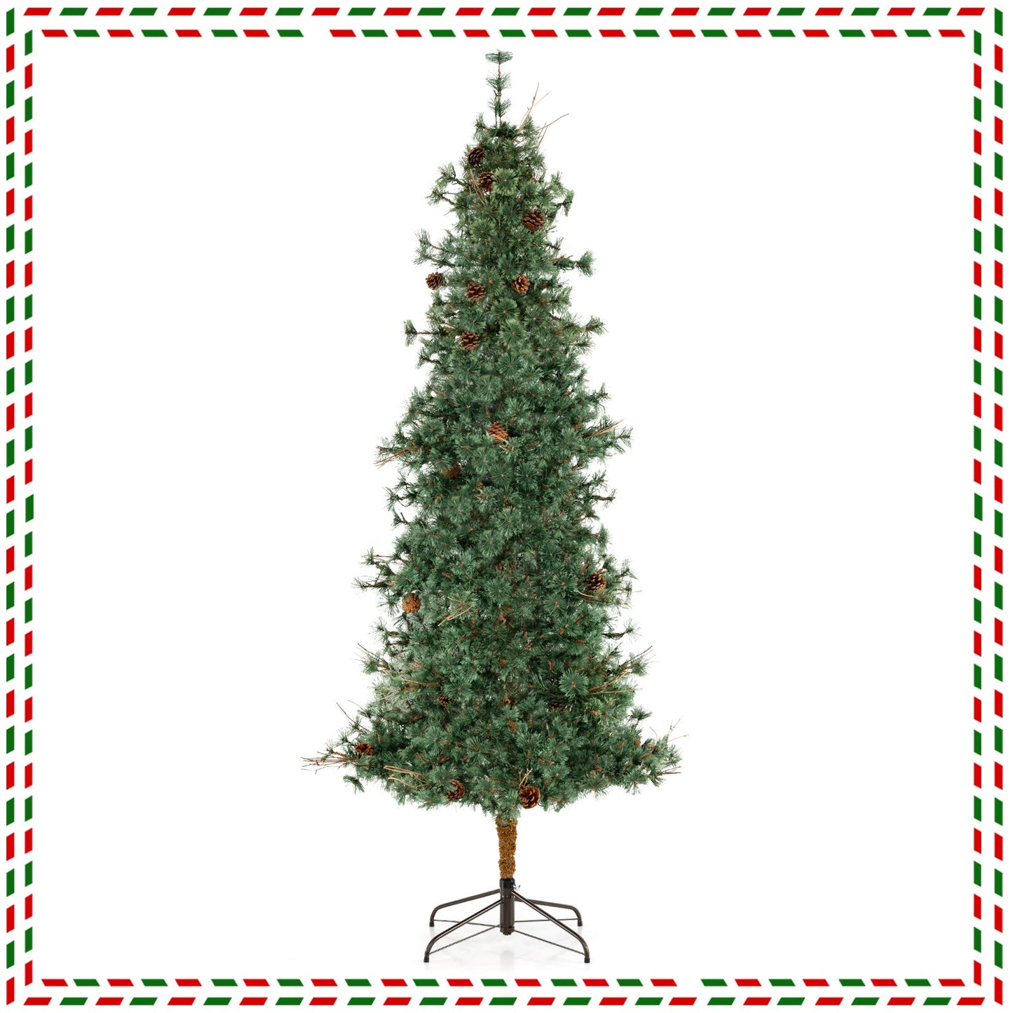 6/7/8 Feet Artificial Christmas Tree Pre-lit Hinged Xmas Tree with Warm White LED Lights and Pine Cones