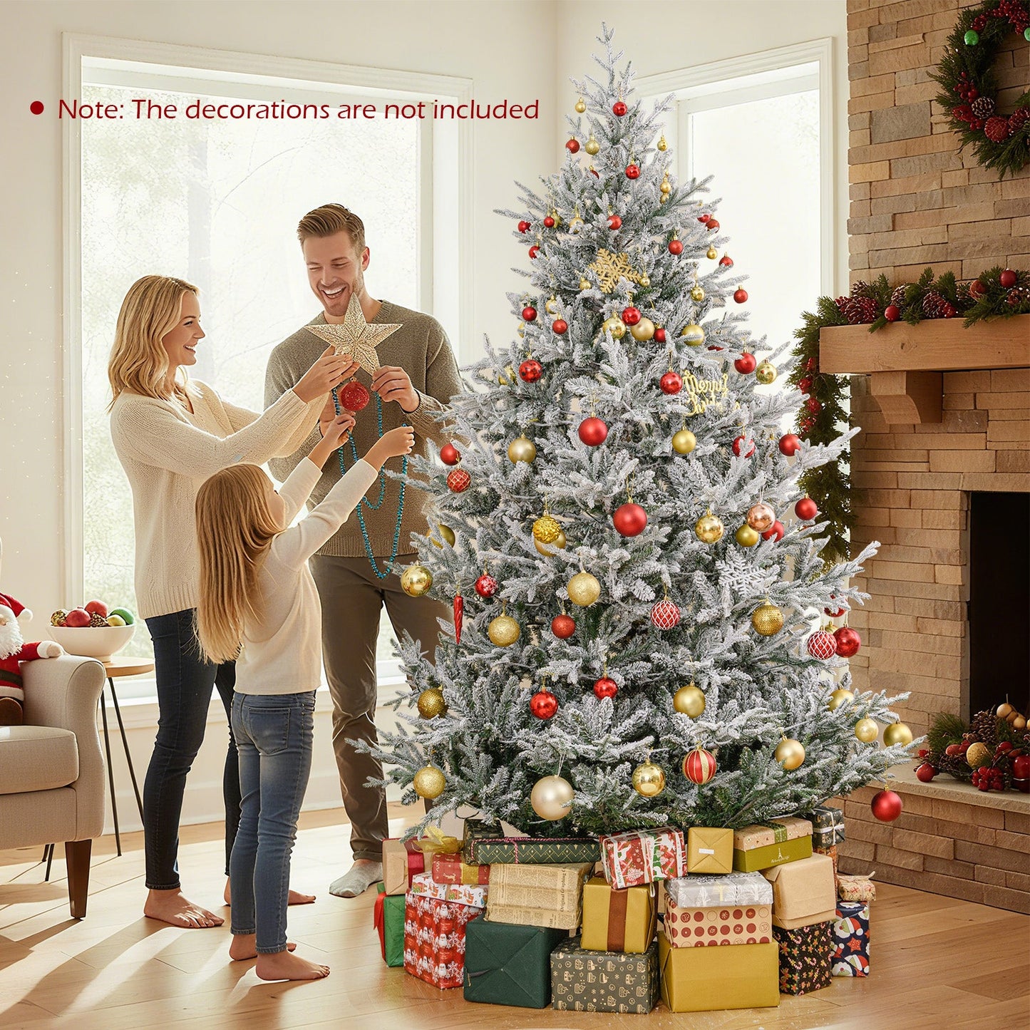 6/7/8 Feet Pre-Lit Artificial Christmas Tree Hinged Snow Flocked Xmas Tree