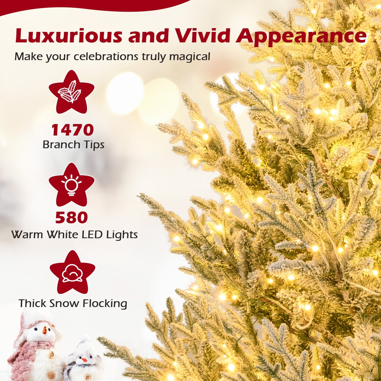 6/7/8 Feet Pre-Lit Artificial Christmas Tree Hinged Snow Flocked Xmas Tree
