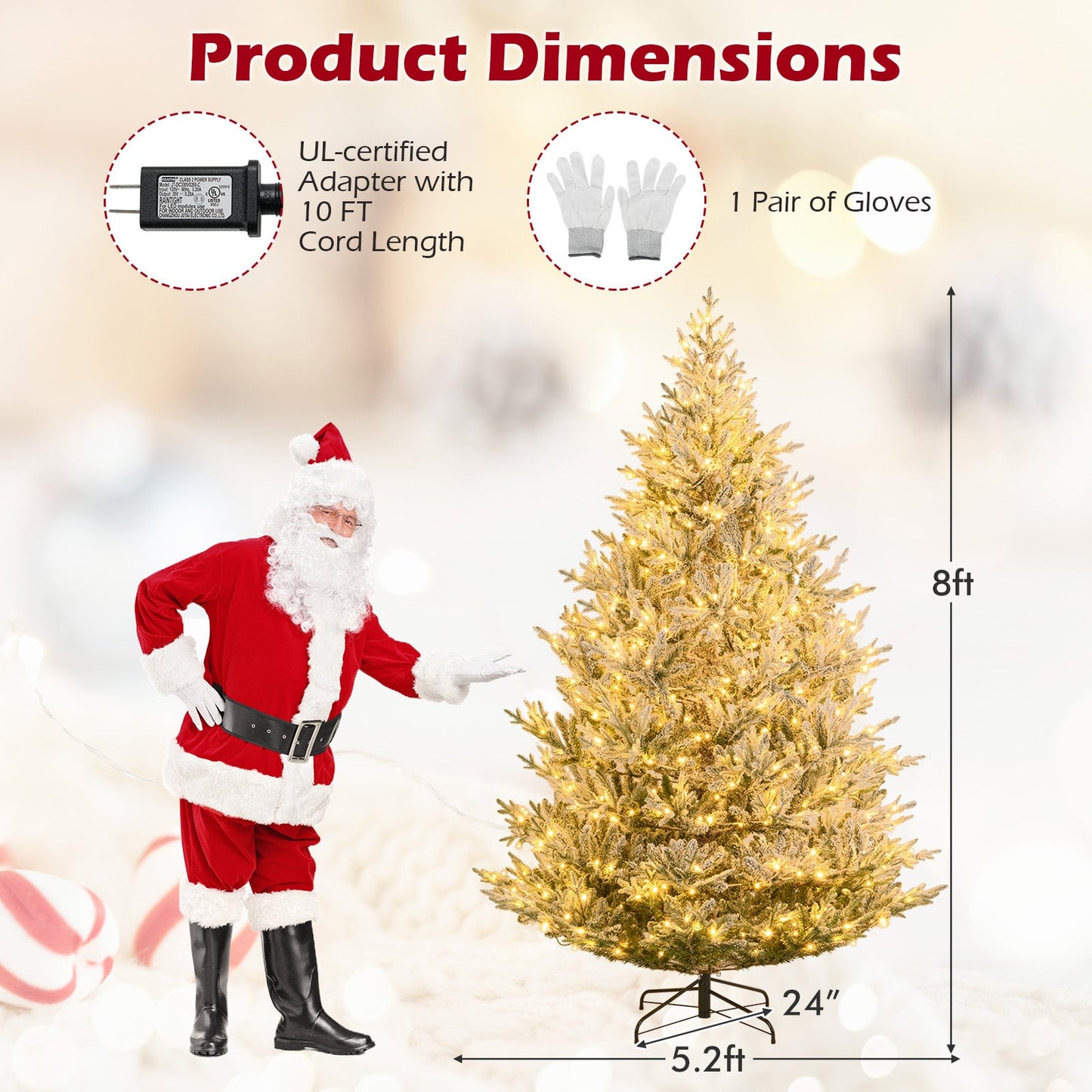 6/7/8 Feet Pre-Lit Artificial Christmas Tree Hinged Snow Flocked Xmas Tree