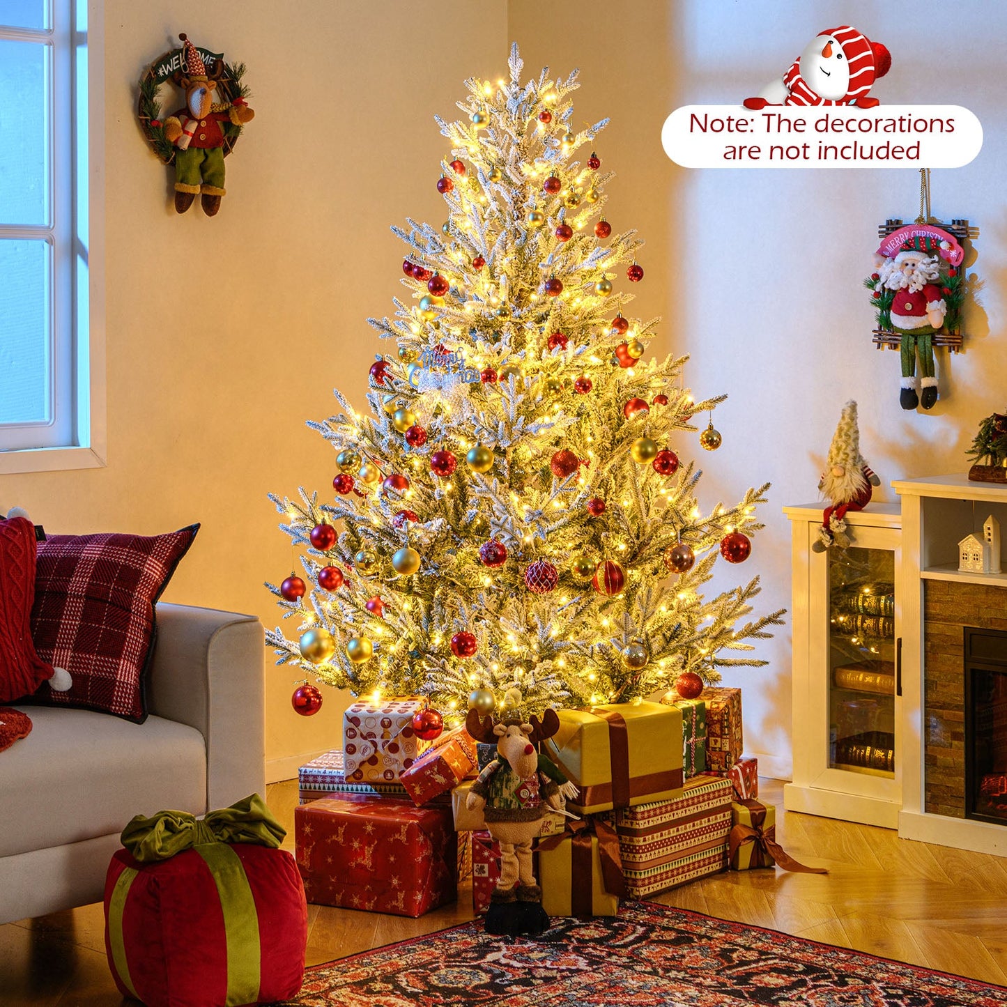 6/7/8 Feet Pre-Lit Artificial Christmas Tree Hinged Snow Flocked Xmas Tree