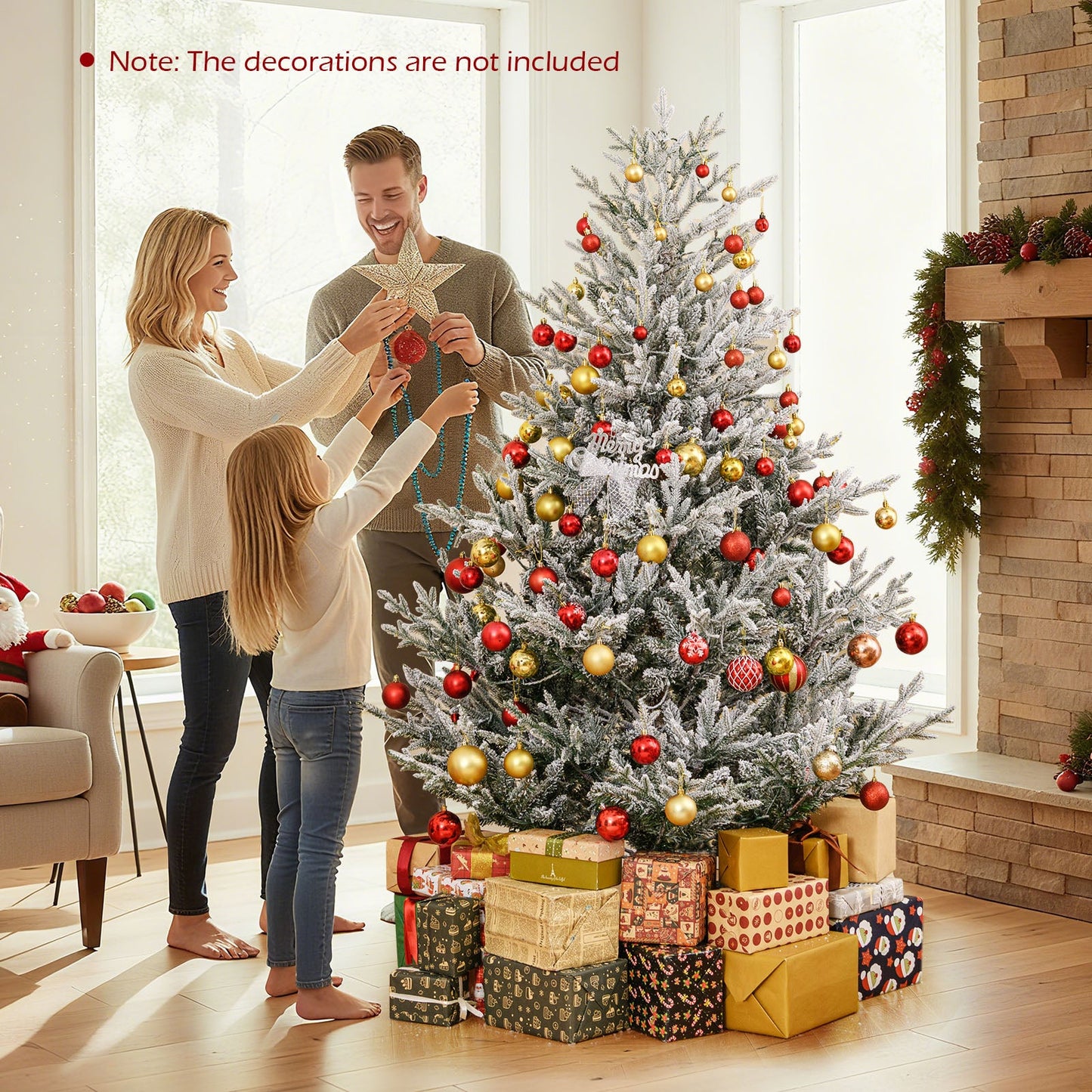 6/7/8 Feet Pre-Lit Artificial Christmas Tree Hinged Snow Flocked Xmas Tree
