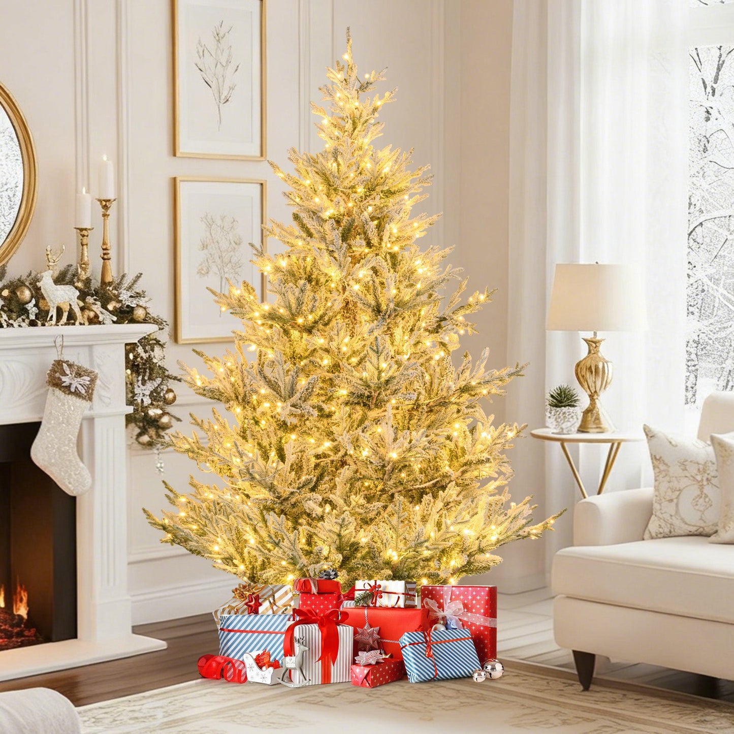 6/7/8 Feet Pre-Lit Artificial Christmas Tree Hinged Snow Flocked Xmas Tree