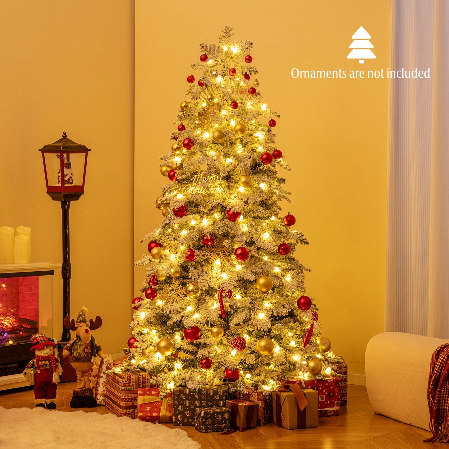 6/7 Feet Artificial Snow-flocked Christmas Tree Pre-lit Hinged Xmas Tree with 130 Twinkle Balls