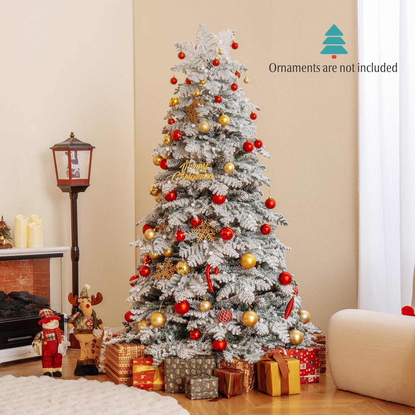 6/7 Feet Artificial Snow-flocked Christmas Tree Pre-lit Hinged Xmas Tree with 130 Twinkle Balls