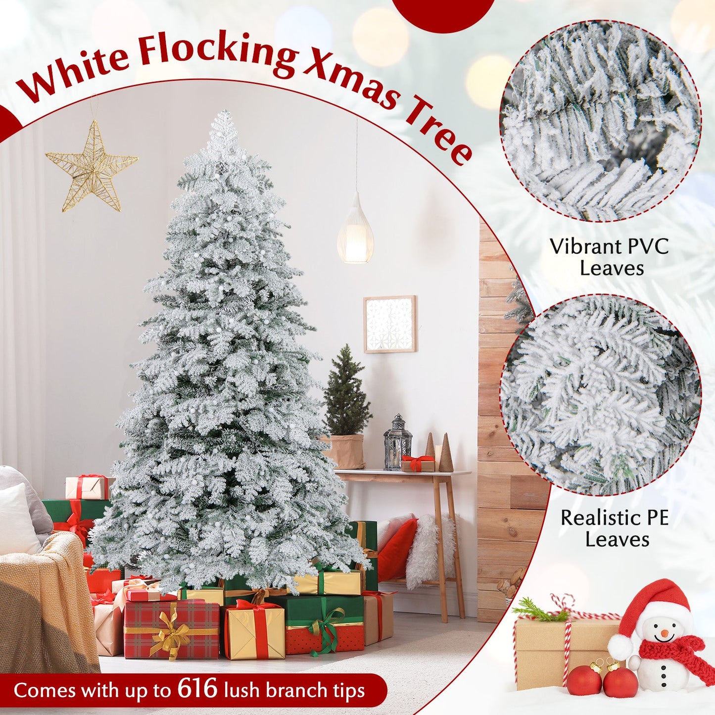 6/7 Feet Artificial Snow-flocked Christmas Tree Pre-lit Hinged Xmas Tree with 130 Twinkle Balls