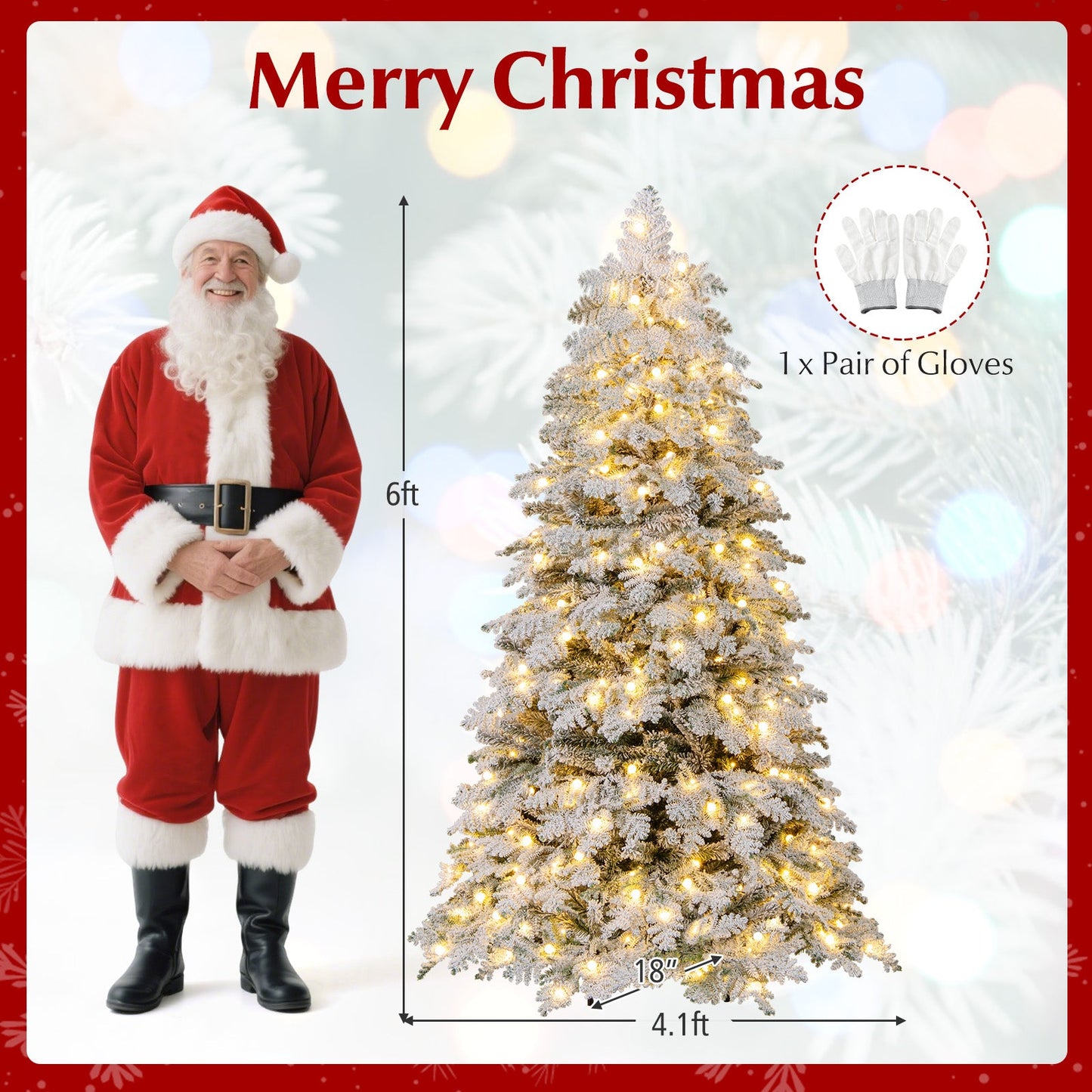 6/7 Feet Artificial Snow-flocked Christmas Tree Pre-lit Hinged Xmas Tree with 130 Twinkle Balls