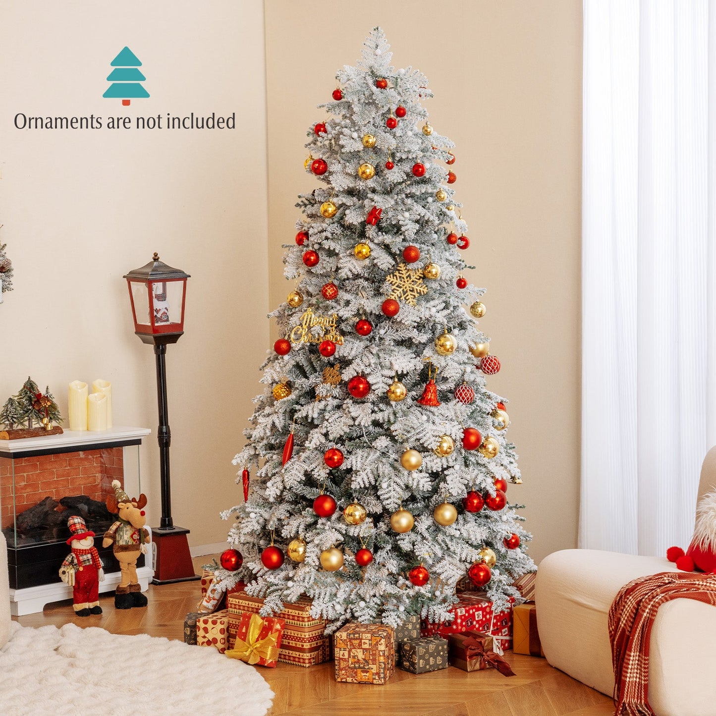 6/7 Feet Artificial Snow-flocked Christmas Tree Pre-lit Hinged Xmas Tree with 130 Twinkle Balls